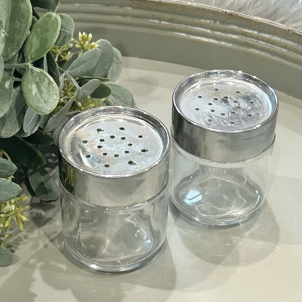 Vintage MCM Metal Shaker Top & Glass Jar Salt & Pepper Shakers